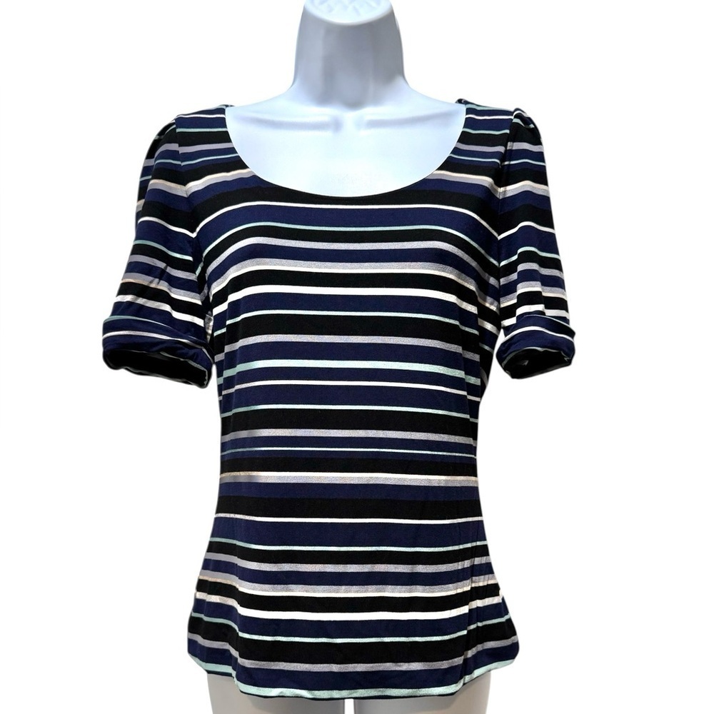 White House Black Market Navy Striped Knit Top Size Small Scoop Neck
